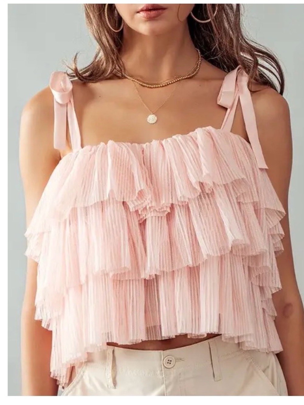 Blu Pepper Pink Tiered Ruffle Tie-Shoulder Crop Top